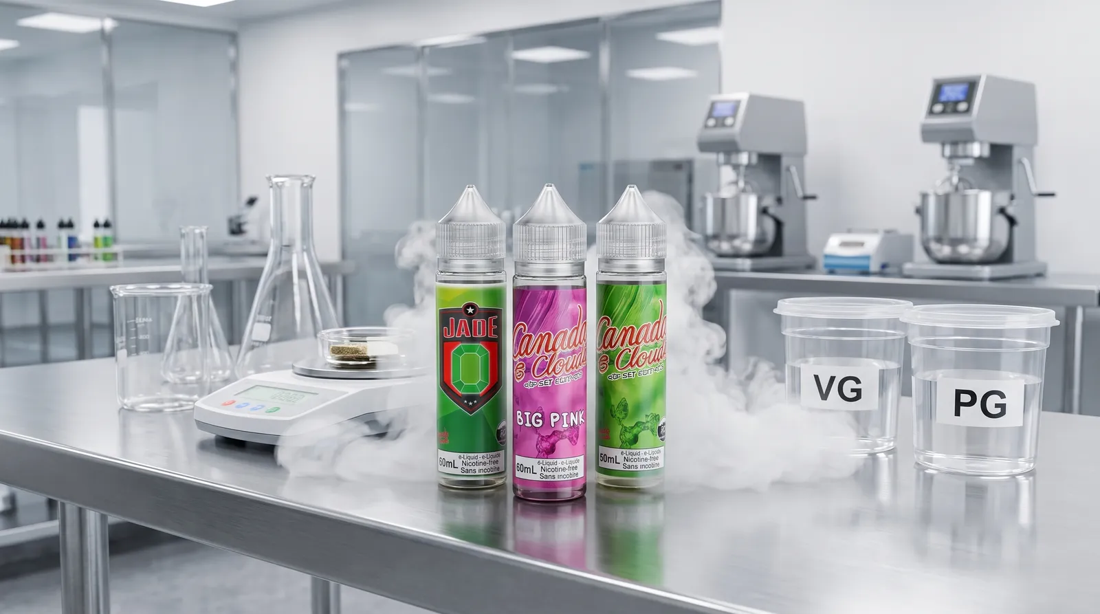 Canada EClouds e-liquid on the bench in our Georgetown, Ontario mixing lab